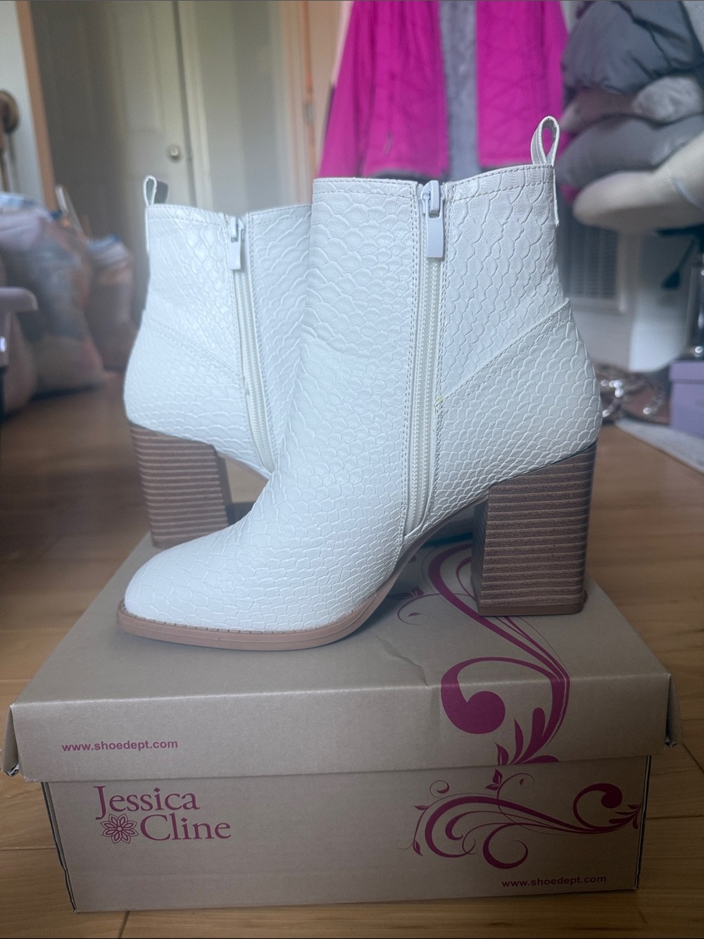 Jessica Cline White Textured Ankle Booties with Stacked Heel